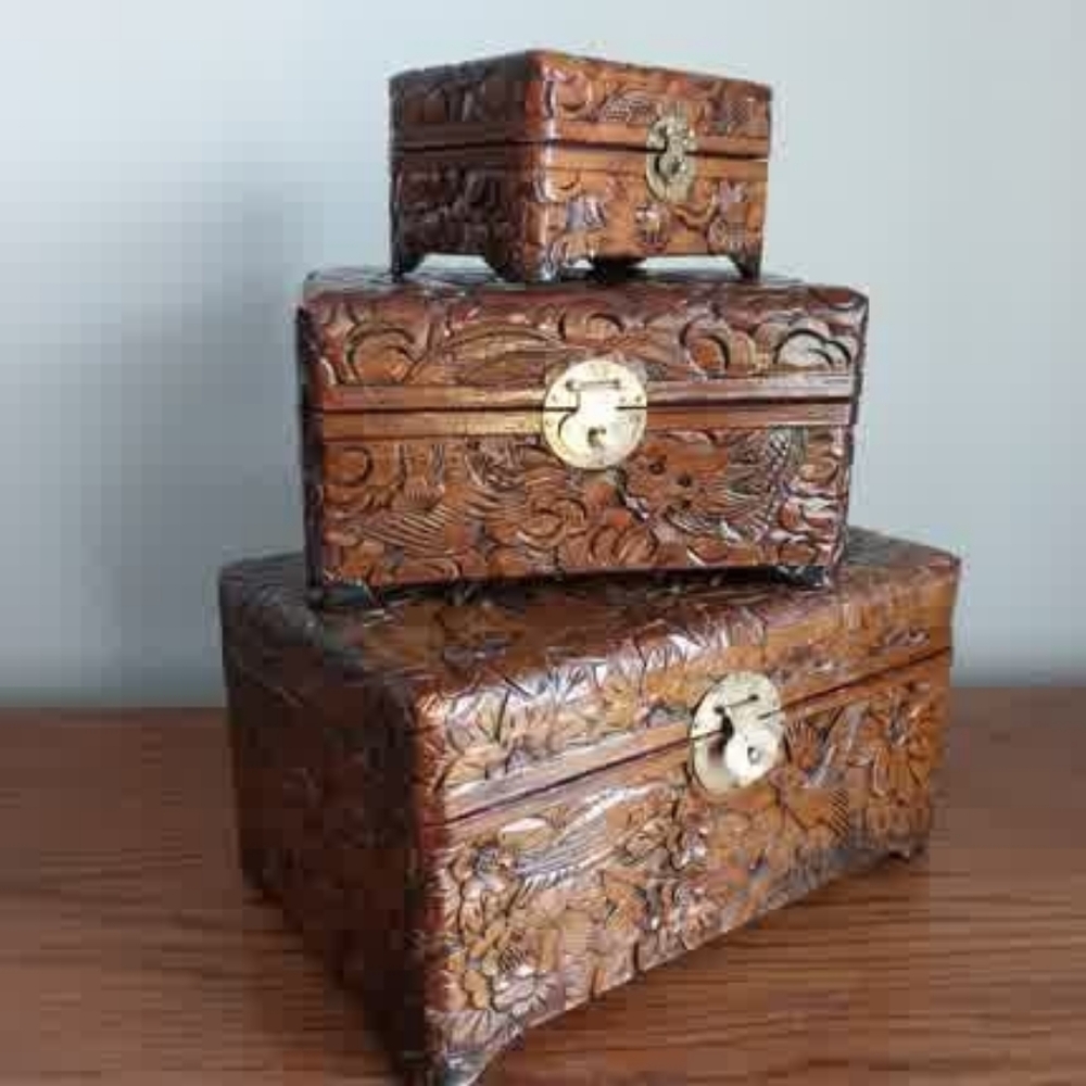 Hand-Carved Floral Wood Nesting Boxes - Brown - Picture 5 of 16